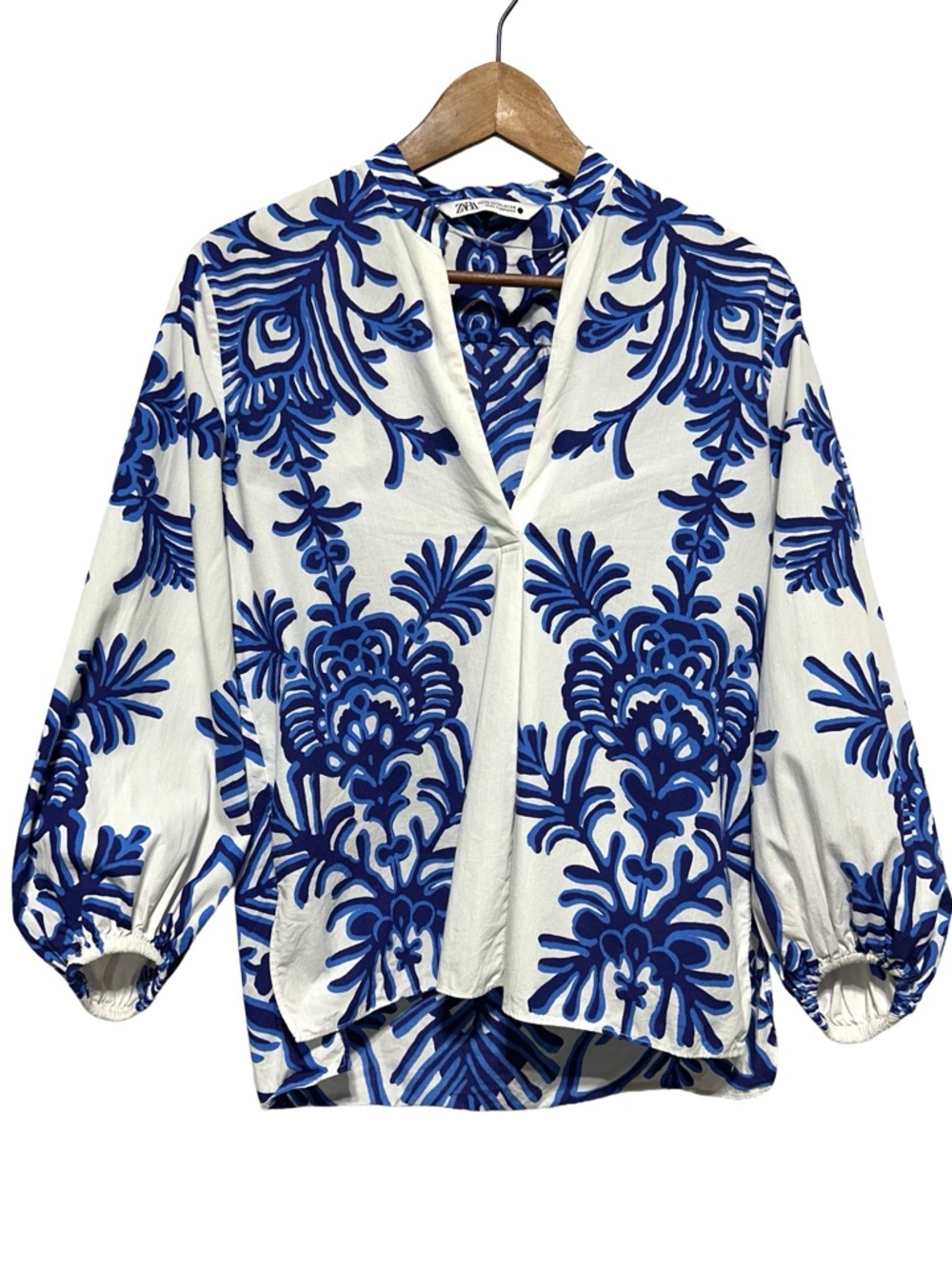 ZARA Blue White Tile Print Blouse Coastal Mediterranean Resort Boho XS